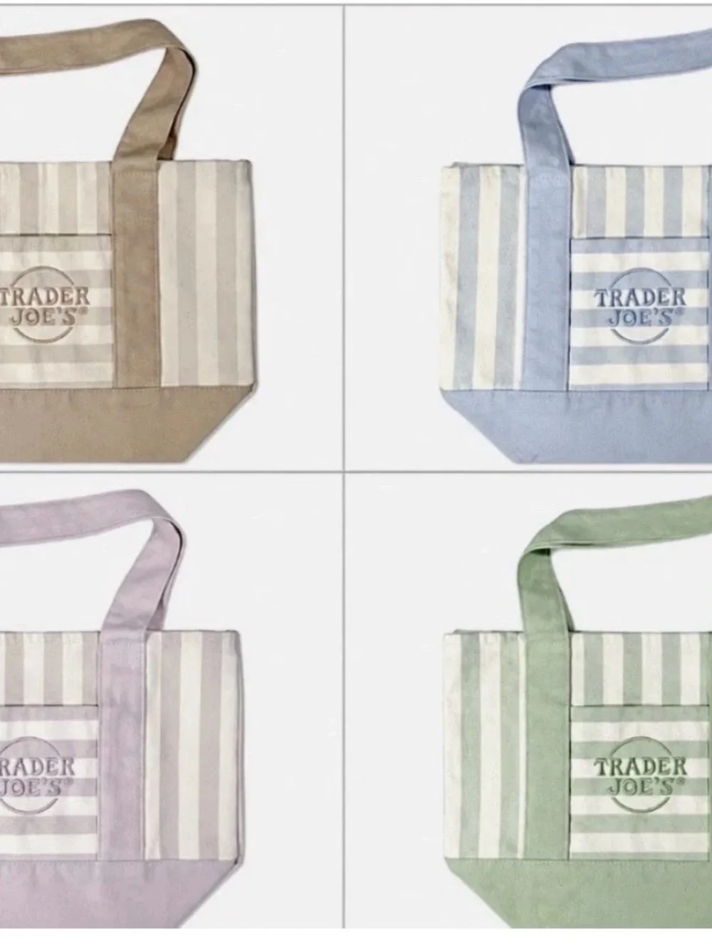 Trader Joe's Pastel Stripe Canvas Tote - Set of Soft Mint, Lavender, Blue, Beige